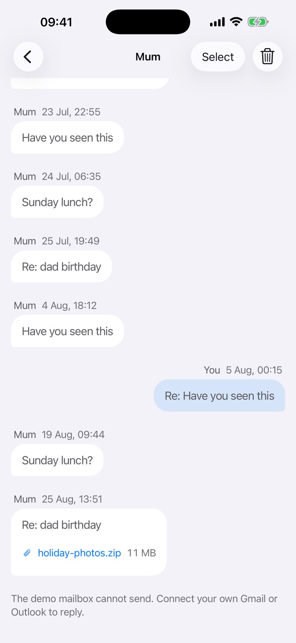 A conversation with Mum as chat bubbles: Sunday lunch?, Have you seen this, and an attached holiday-photos.zip.