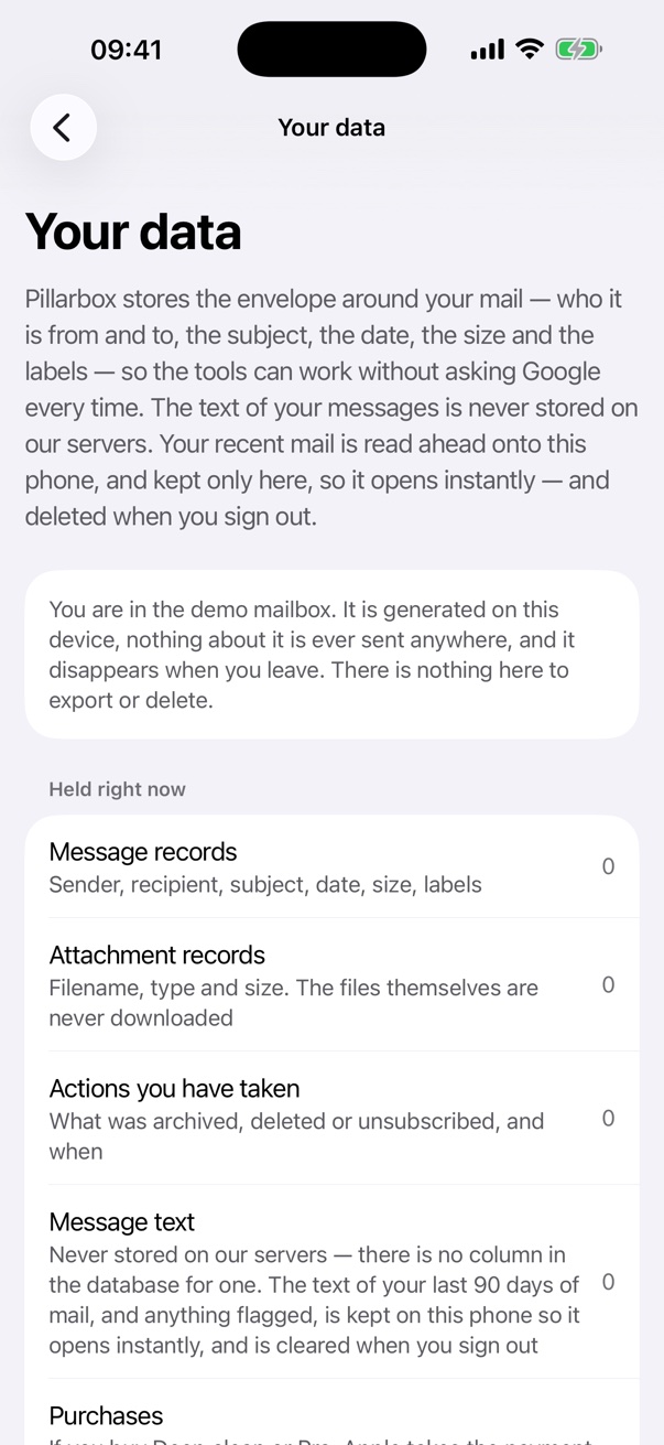The Your data screen: what Pillarbox stores, that message text is never stored on its servers, and counts of what it holds.